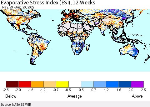 World Evaporative Stress Index (ESI), 12-Weeks Thematic Map For 8/15/2022 - 8/21/2022