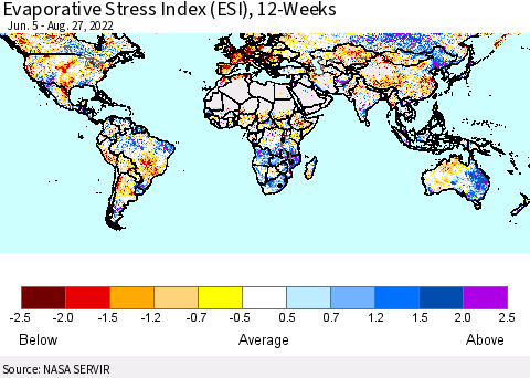 World Evaporative Stress Index (ESI), 12-Weeks Thematic Map For 8/22/2022 - 8/28/2022
