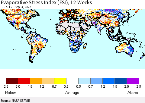 World Evaporative Stress Index (ESI), 12-Weeks Thematic Map For 8/29/2022 - 9/4/2022