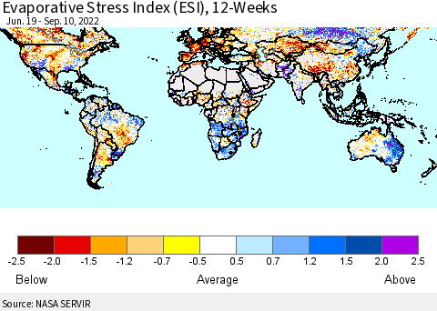 World Evaporative Stress Index (ESI), 12-Weeks Thematic Map For 9/5/2022 - 9/11/2022