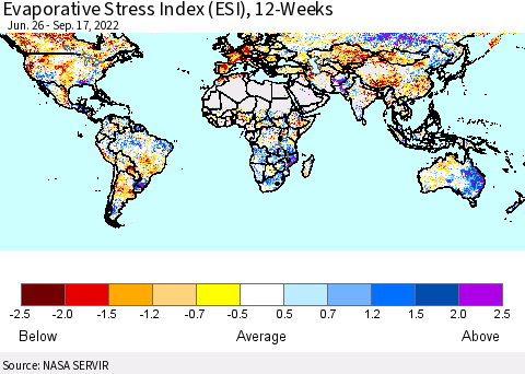 World Evaporative Stress Index (ESI), 12-Weeks Thematic Map For 9/12/2022 - 9/18/2022