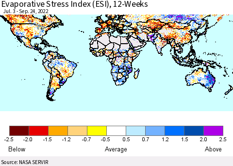 World Evaporative Stress Index (ESI), 12-Weeks Thematic Map For 9/19/2022 - 9/25/2022