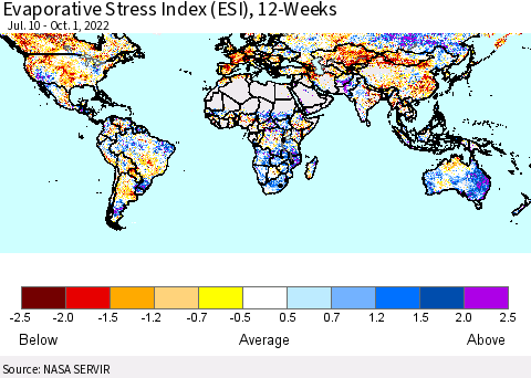 World Evaporative Stress Index (ESI), 12-Weeks Thematic Map For 9/26/2022 - 10/2/2022