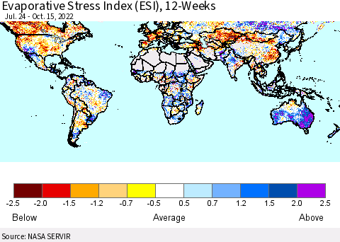 World Evaporative Stress Index (ESI), 12-Weeks Thematic Map For 10/10/2022 - 10/16/2022