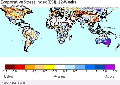 World Evaporative Stress Index (ESI), 12-Weeks Thematic Map For 10/24/2022 - 10/30/2022