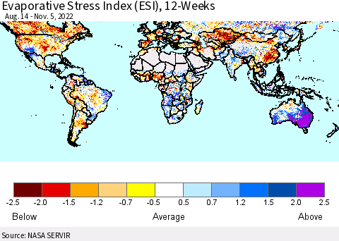 World Evaporative Stress Index (ESI), 12-Weeks Thematic Map For 10/31/2022 - 11/6/2022