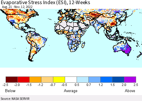 World Evaporative Stress Index (ESI), 12-Weeks Thematic Map For 11/7/2022 - 11/13/2022