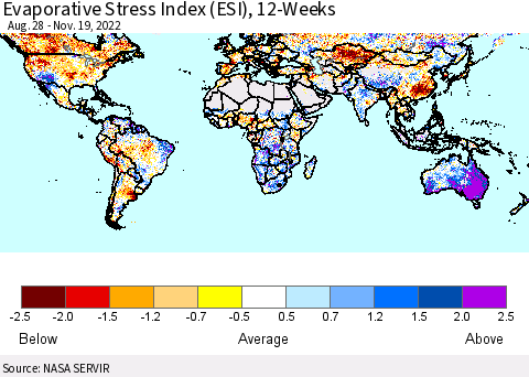 World Evaporative Stress Index (ESI), 12-Weeks Thematic Map For 11/14/2022 - 11/20/2022