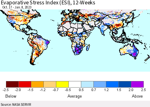 World Evaporative Stress Index (ESI), 12-Weeks Thematic Map For 1/2/2023 - 1/8/2023