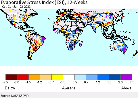 World Evaporative Stress Index (ESI), 12-Weeks Thematic Map For 1/16/2023 - 1/22/2023