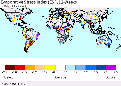 World Evaporative Stress Index (ESI), 12-Weeks Thematic Map For 2/20/2023 - 2/26/2023