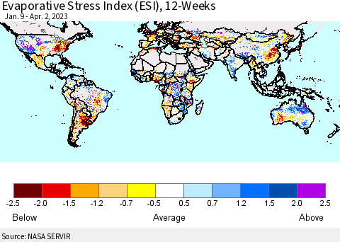 World Evaporative Stress Index (ESI), 12-Weeks Thematic Map For 3/27/2023 - 4/2/2023