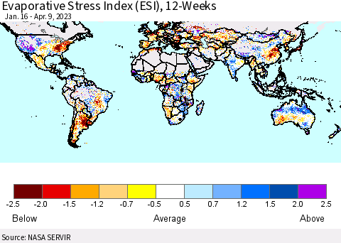 World Evaporative Stress Index (ESI), 12-Weeks Thematic Map For 4/3/2023 - 4/9/2023