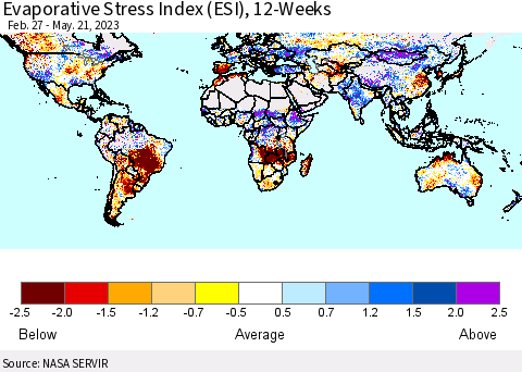 World Evaporative Stress Index (ESI), 12-Weeks Thematic Map For 5/15/2023 - 5/21/2023