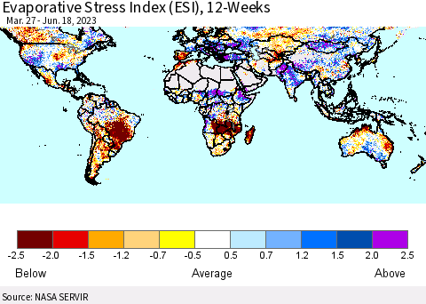 World Evaporative Stress Index (ESI), 12-Weeks Thematic Map For 6/12/2023 - 6/18/2023