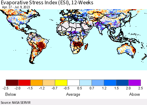 World Evaporative Stress Index (ESI), 12-Weeks Thematic Map For 7/3/2023 - 7/9/2023