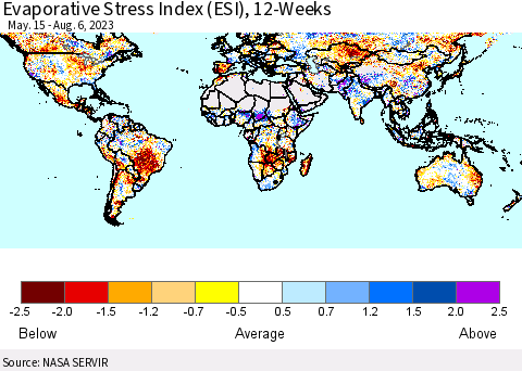 World Evaporative Stress Index (ESI), 12-Weeks Thematic Map For 7/31/2023 - 8/6/2023
