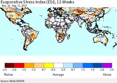 World Evaporative Stress Index (ESI), 12-Weeks Thematic Map For 8/7/2023 - 8/13/2023