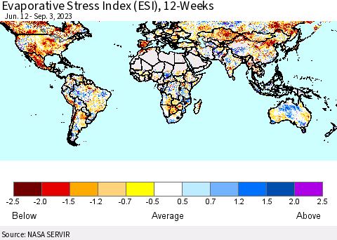 World Evaporative Stress Index (ESI), 12-Weeks Thematic Map For 8/28/2023 - 9/3/2023
