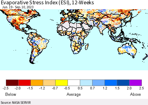 World Evaporative Stress Index (ESI), 12-Weeks Thematic Map For 9/4/2023 - 9/10/2023