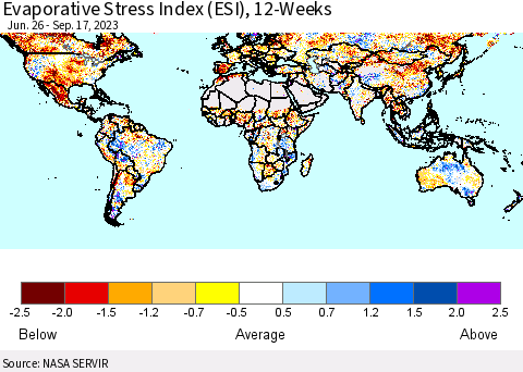 World Evaporative Stress Index (ESI), 12-Weeks Thematic Map For 9/11/2023 - 9/17/2023