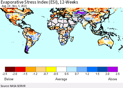 World Evaporative Stress Index (ESI), 12-Weeks Thematic Map For 10/30/2023 - 11/5/2023