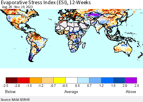World Evaporative Stress Index (ESI), 12-Weeks Thematic Map For 11/13/2023 - 11/19/2023