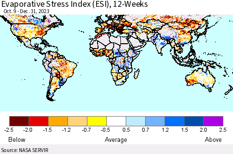 World Evaporative Stress Index (ESI), 12-Weeks Thematic Map For 1/1/2024 - 1/7/2024