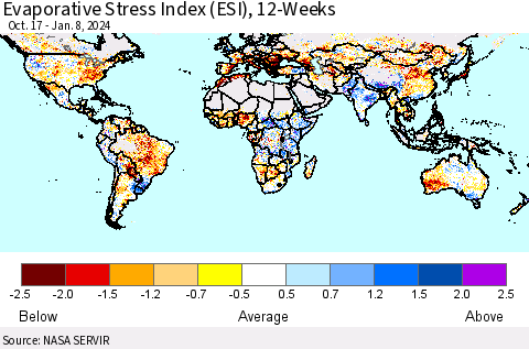 World Evaporative Stress Index (ESI), 12-Weeks Thematic Map For 1/8/2024 - 1/14/2024