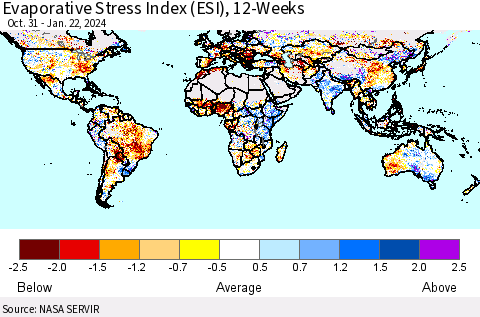 World Evaporative Stress Index (ESI), 12-Weeks Thematic Map For 1/22/2024 - 1/28/2024