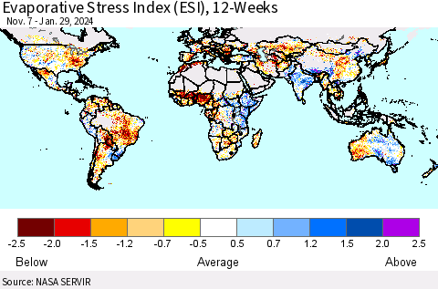 World Evaporative Stress Index (ESI), 12-Weeks Thematic Map For 1/29/2024 - 2/4/2024