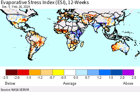 World Evaporative Stress Index (ESI), 12-Weeks Thematic Map For 2/26/2024 - 3/3/2024
