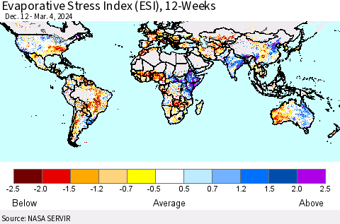 World Evaporative Stress Index (ESI), 12-Weeks Thematic Map For 3/4/2024 - 3/10/2024