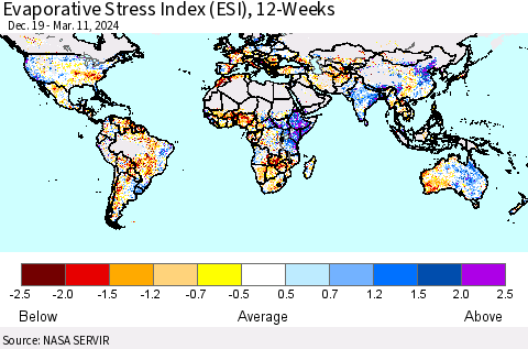World Evaporative Stress Index (ESI), 12-Weeks Thematic Map For 3/11/2024 - 3/17/2024