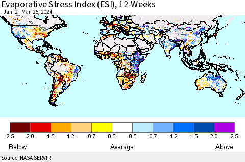 World Evaporative Stress Index (ESI), 12-Weeks Thematic Map For 3/25/2024 - 3/31/2024
