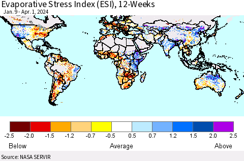 World Evaporative Stress Index (ESI), 12-Weeks Thematic Map For 4/1/2024 - 4/7/2024