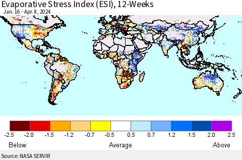 World Evaporative Stress Index (ESI), 12-Weeks Thematic Map For 4/8/2024 - 4/14/2024