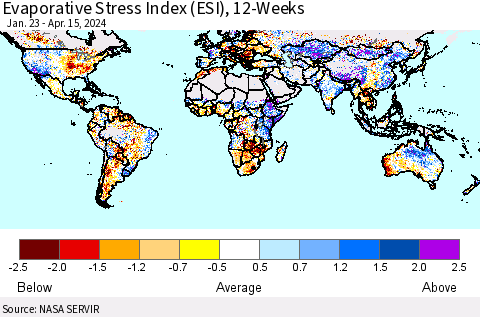 World Evaporative Stress Index (ESI), 12-Weeks Thematic Map For 4/15/2024 - 4/21/2024