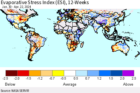World Evaporative Stress Index (ESI), 12-Weeks Thematic Map For 4/22/2024 - 4/28/2024