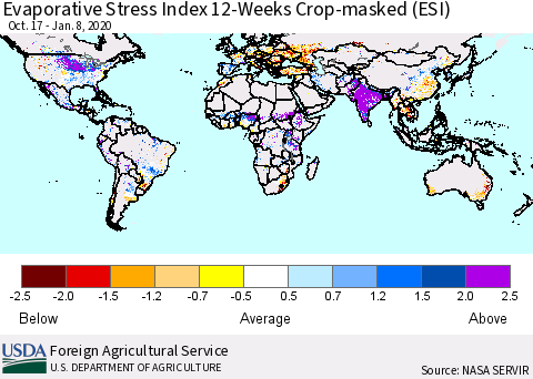 World Evaporative Stress Index (ESI), 12-Weeks over Croplands Thematic Map For 1/6/2020 - 1/12/2020
