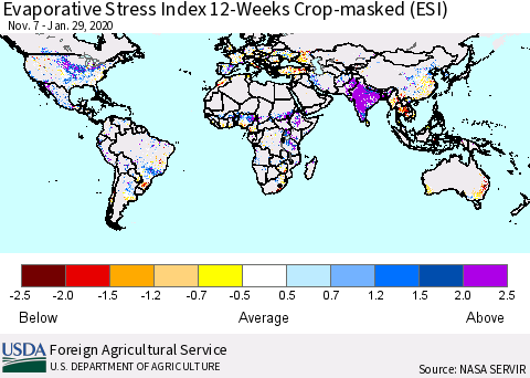 World Evaporative Stress Index (ESI), 12-Weeks over Croplands Thematic Map For 1/27/2020 - 2/2/2020