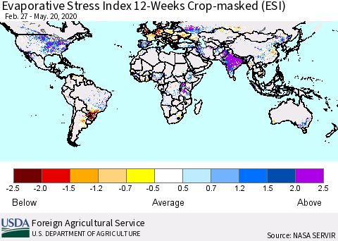 World Evaporative Stress Index (ESI), 12-Weeks over Croplands Thematic Map For 5/18/2020 - 5/24/2020