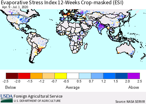 World Evaporative Stress Index (ESI), 12-Weeks over Croplands Thematic Map For 6/29/2020 - 7/5/2020