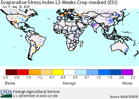 World Evaporative Stress Index (ESI), 12-Weeks over Croplands Thematic Map For 8/24/2020 - 8/30/2020