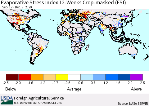 World Evaporative Stress Index (ESI), 12-Weeks over Croplands Thematic Map For 12/7/2020 - 12/13/2020