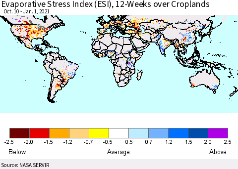 World Evaporative Stress Index (ESI), 12-Weeks over Croplands Thematic Map For 12/28/2020 - 1/3/2021