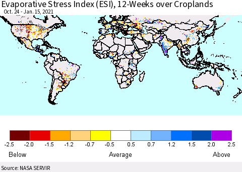 World Evaporative Stress Index (ESI), 12-Weeks over Croplands Thematic Map For 1/11/2021 - 1/17/2021