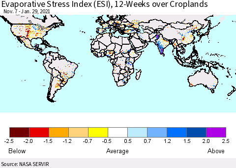 World Evaporative Stress Index (ESI), 12-Weeks over Croplands Thematic Map For 1/25/2021 - 1/31/2021