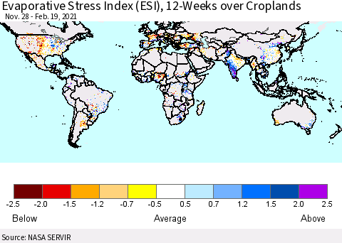 World Evaporative Stress Index (ESI), 12-Weeks over Croplands Thematic Map For 2/15/2021 - 2/21/2021