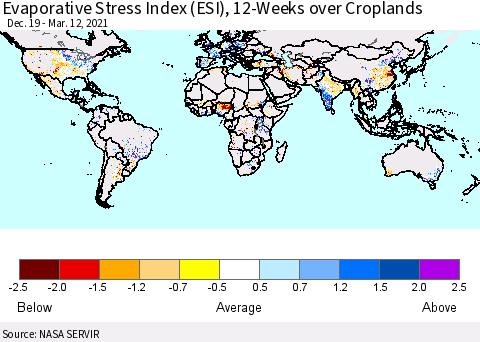 World Evaporative Stress Index (ESI), 12-Weeks over Croplands Thematic Map For 3/8/2021 - 3/14/2021